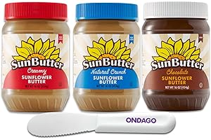 Sunbutter Sunflower Butter Variety Pack 16 Oz, 3 Jars | Creamy, Crunch & ChocoIate | Bundled with ONDAGO Sandwich Spreader