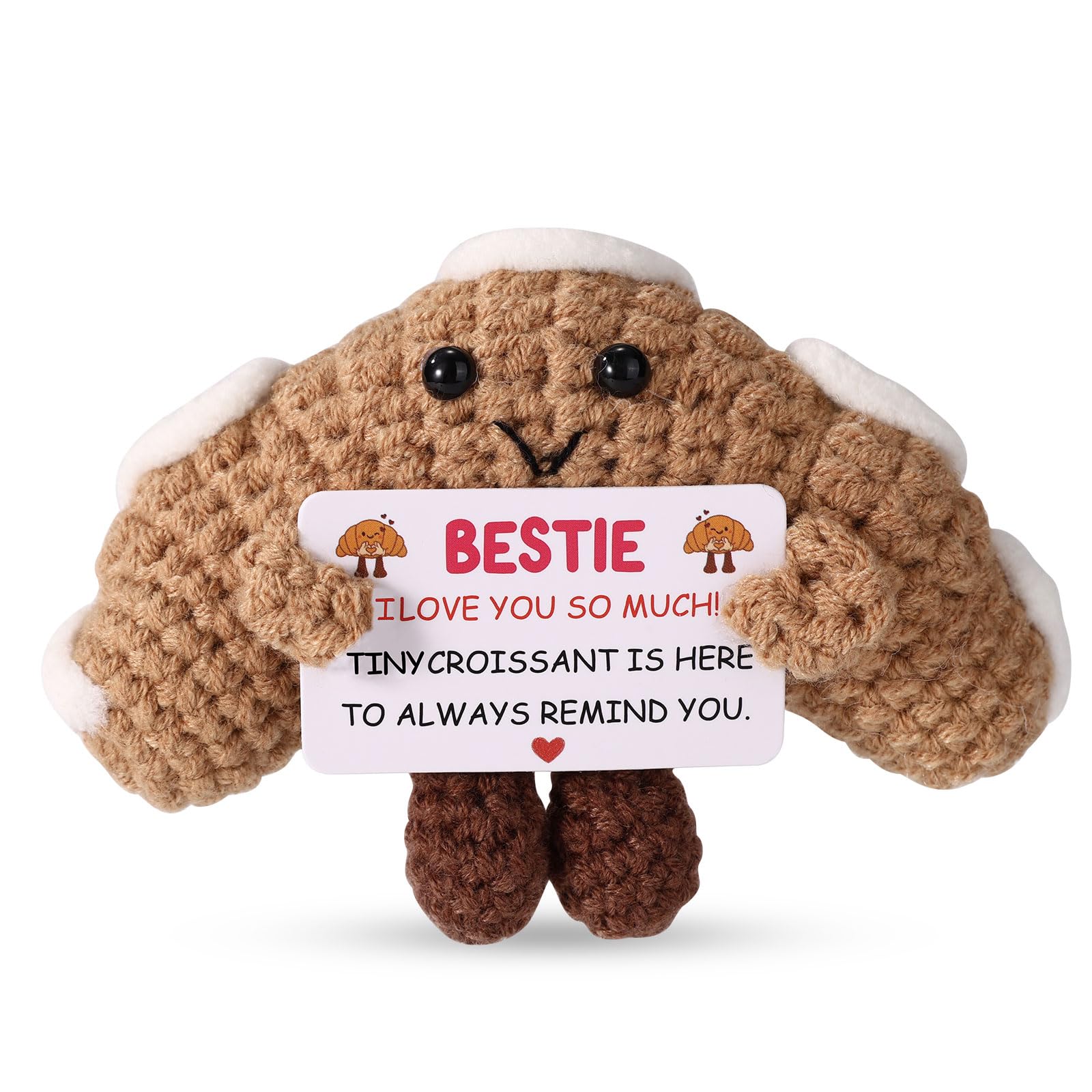 TOYMIS Positive Knitted Croissant, Handmade Crochet Croissant Bread Food Crocheted with Inspirational Friendship Card Emotional Positive Support Doll for Kids Women Girls