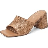 Goderci Raffia Heels Square Open Toe Slip On Mid Heeled Sandals Woven Mule Chunky Heels for Women