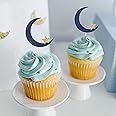 12pcs Moon and Star Cupcake Toppers - Over the Moon, Twinkle Twinkle Little Star, Outer Space Theme Party Decorations