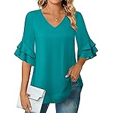 VALOLIA Womens Blouses 3/4 Sleeve Dressy Tops Business Casual Double Layers Shirts