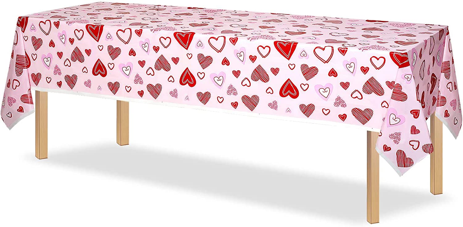 137*274cm Valentine's Day Tablecloth,Red and Pink Heart Style Valentine's Day Tablecloth Waterproof Tablecloth,Rectangle Plastic Table cloths Party for Valentine's Day Dinner Wedding Anniversary Decor