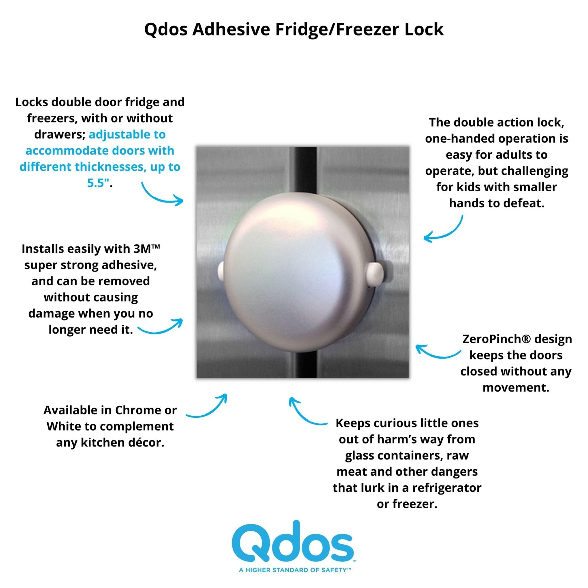 Qdos Safety Adhesive Fridge/Freezer Lock | Chrome | Easy One Handed Operation - Patented ZeroPinch Design - Unique Modern Design Refrigerator Lock - Baby Proofing Doesn't Have to be Ugly