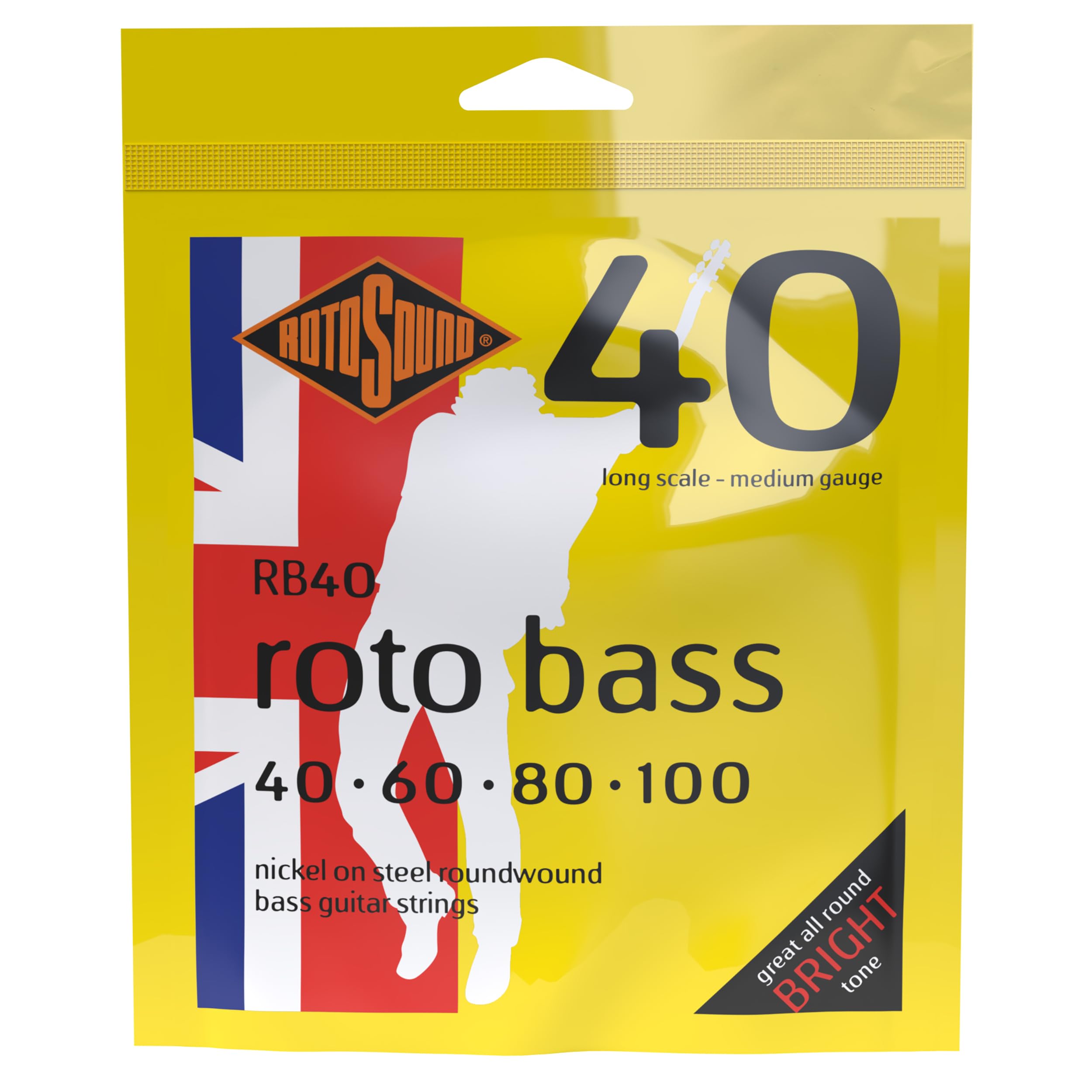 Rotosound Nickel Medium Gauge Roundwound Bass Strings (40 60 80 100), RB40,White Black Red Blue,Small Medium Large X-Large 2X-Large — image 1
