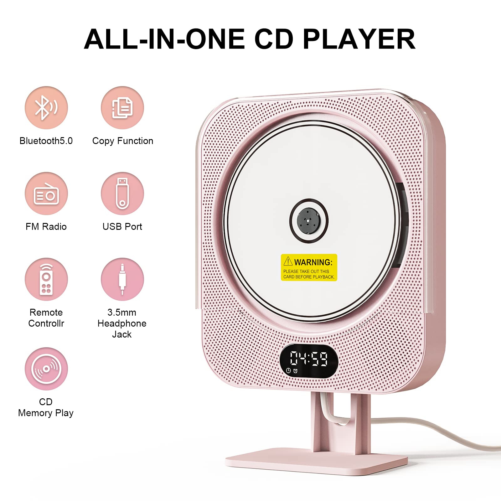 Kpop Pink CD Player Desktop/Wall,Wired Vertical Cute CD Players for Home, Bluetooth Speakers/FM Radio with IR Remote Control,CD Music Timer Alarm Clock with LED Display,Support CD/USB/TF/AUX/Copy