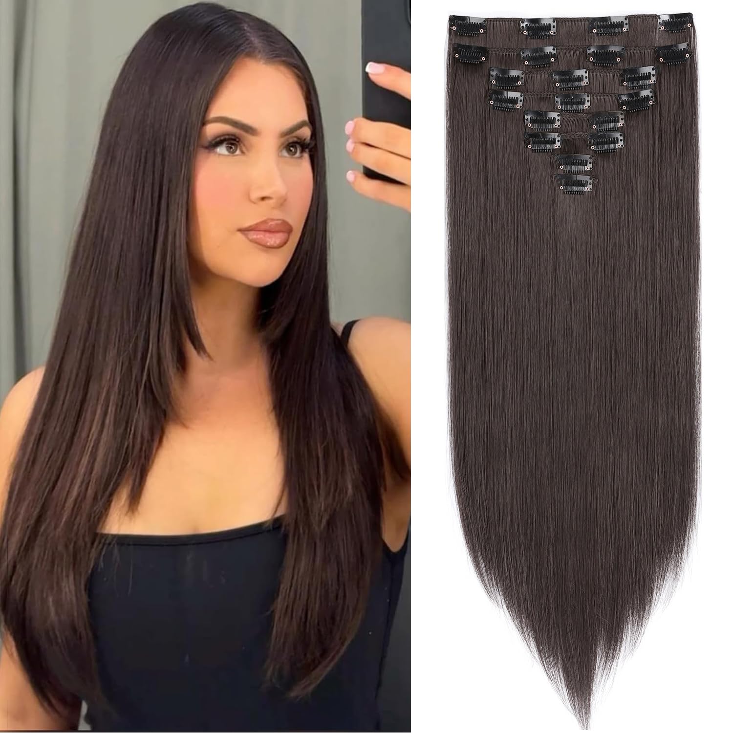 Mscat 20 Inch Clip in Hair Extensions 8Pieces/Set Brown Straight Hair pieces hair extensions Natural Soft Synthetic Hairpieces for Women(56#)