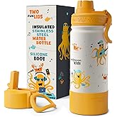 Bentoheaven Kids Water Bottle Stainless Steel for Boys & Girls, 2 Lids (Chug & Straw), Handle & Silicone Boot, Reusable Metal Leak-proof Insulated Tumbler, School & Sports 17oz (Orange)