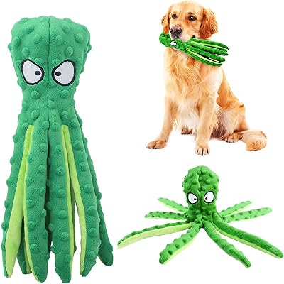 RAYITO Octopus Dog Toy No Stuffing Squeaky Crinkle for Small Medium Dogs Green