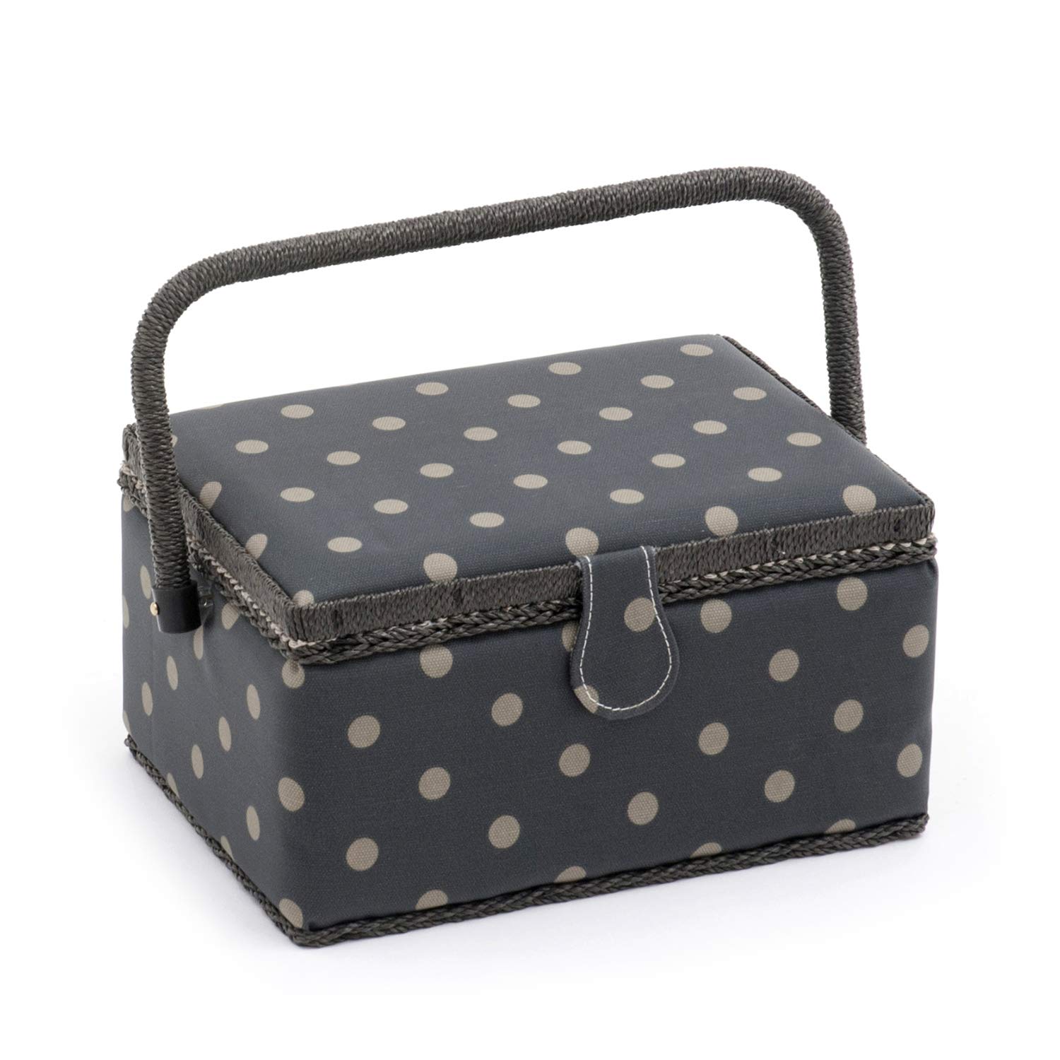 Hobby Gift Medium Sewing Box Organiser Kit with Handle - Cotton Basket Sewing Storage Box, Craft Storage Boxes with Compartments for Tools & Accessories - 18.5 x 25.5 x 14.5cm, Charcoal Polka Dot