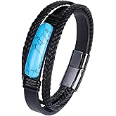 Mrcaois Mens Black Leather Obsidian/Turquoise/Tiger Eye/Red Agate Bracelet–Braided Multi‑Layer Wristband Cuff Bangle Bracelet with Stainless Steel Clasp Gift Jewelry Box Included-8.3in
