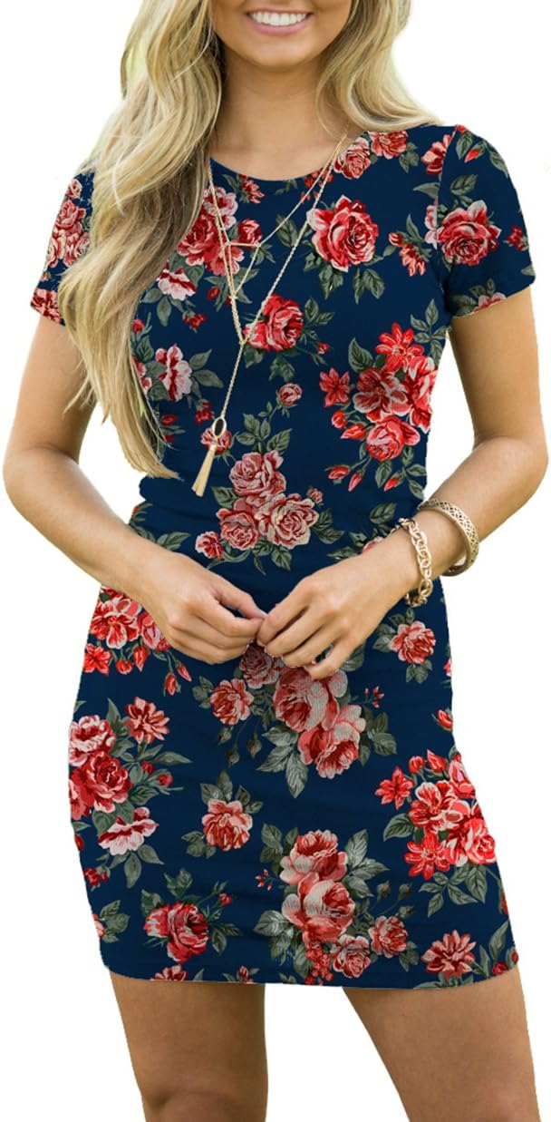 Annigo Summer Floral Bodycon Package Hip Party Dress for Women,Navy,XL