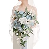 Ling's moment Bridal Bouquet Cascading Dusty Blue Wedding Bouquet for Bride | 15" Light Blue Teardrop Bouquet Artificial Silk Flowers Rustic Handmade Roses Ceremony Anniversary Matching Bridesmaid Style