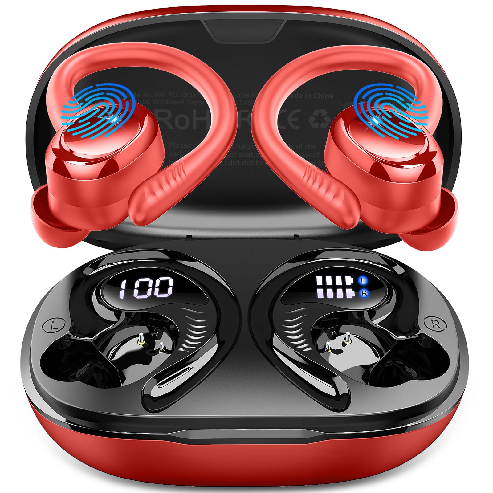 Photo 1 of Hupoaf Wireless Earbuds Sport, 2025 Bluetooth 5.4 Headphones with Earhooks, 50H Stereo Deep Bass Over Ear Buds with 4 ENC Noise Canceling Mics, IP7 Waterproof Earphones for Running Workout Gym -Red