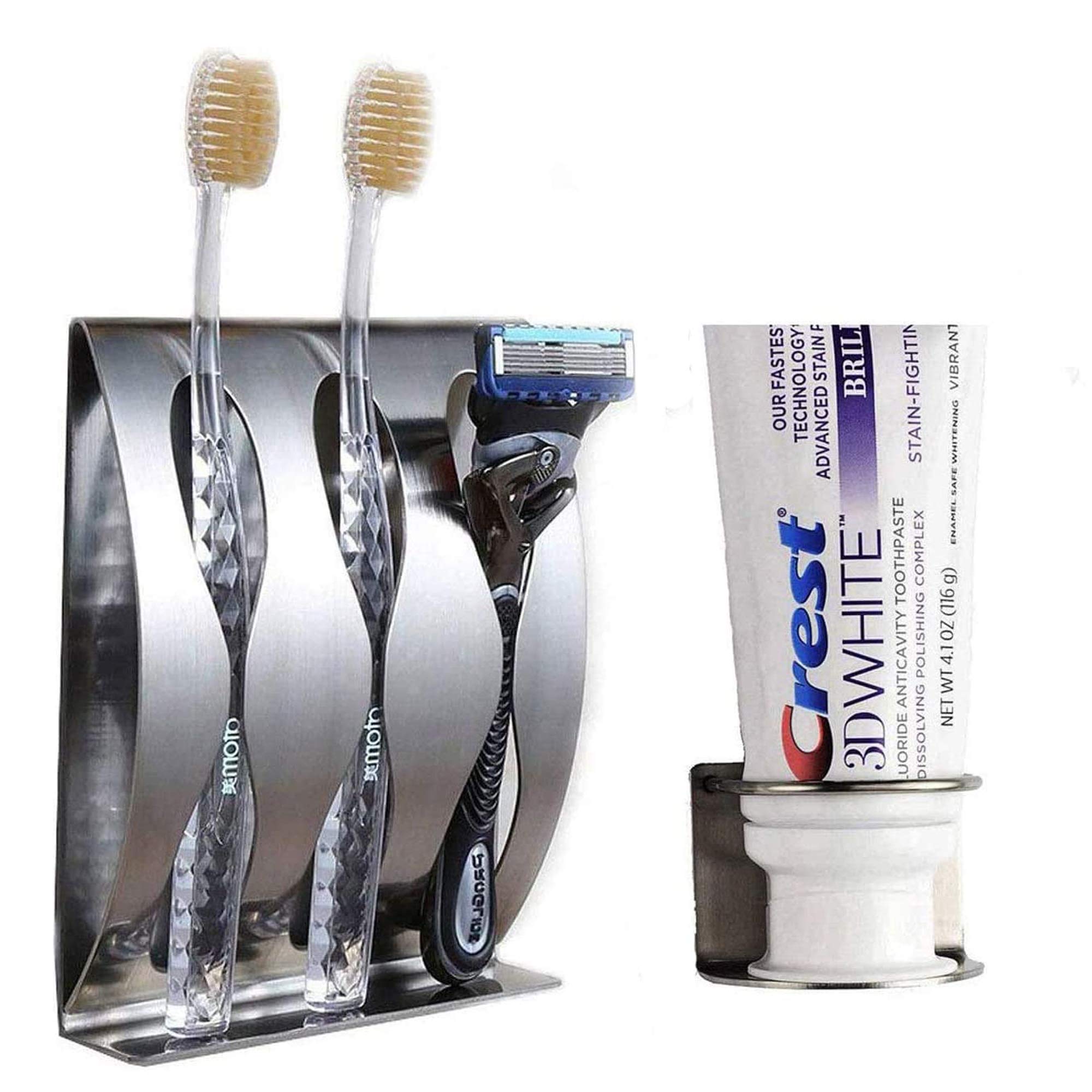 Photo 1 of Originalidad Stainless Steel Wall Mount Bathroom Toothbrush Holder, Bathroom Cabinet Organizer Accessories, 1 Toothbrush with 3M Self-Adhesive + 1 Toothpaste Holder Dispenser, Razor Holder