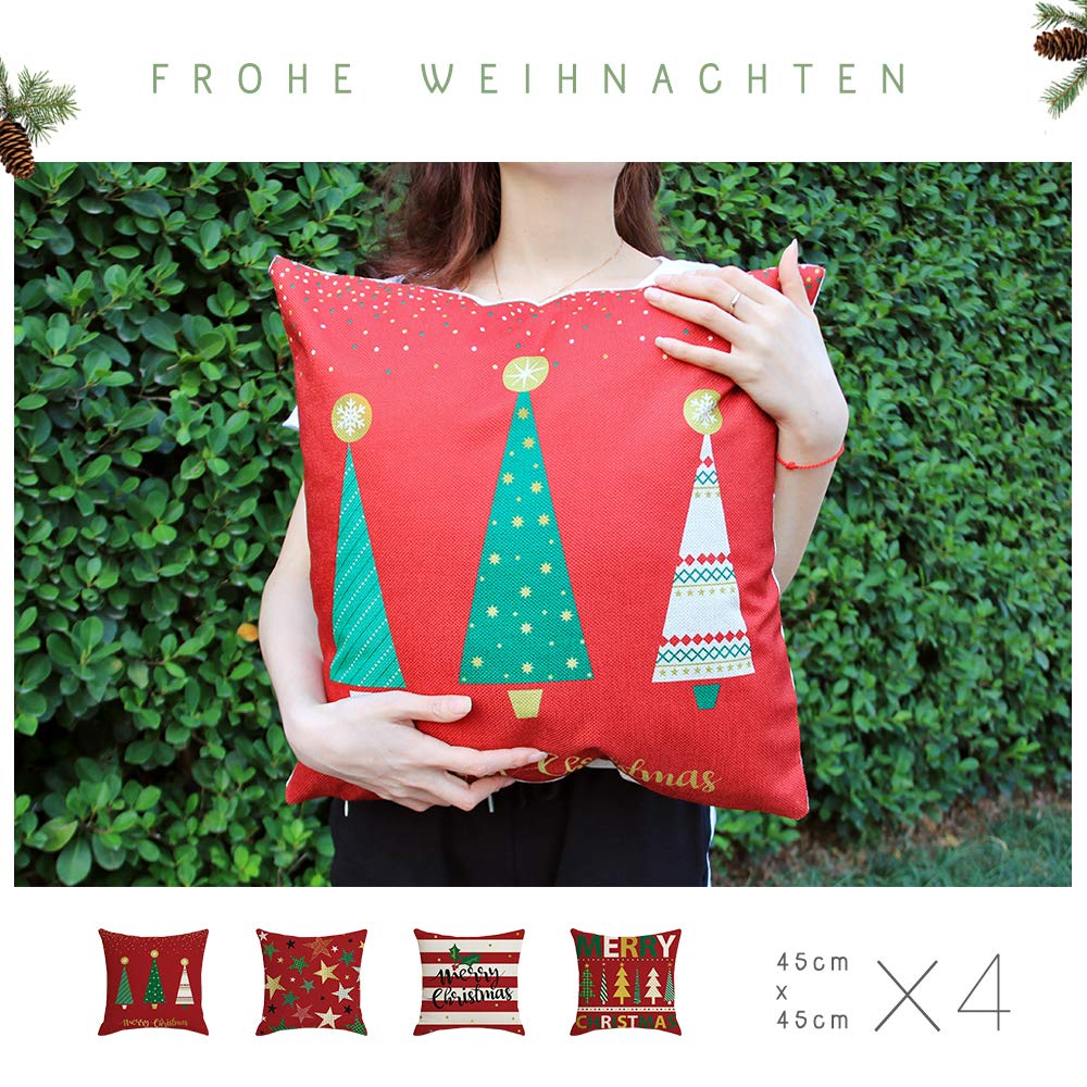 LoveHome Decor Merry Christmas Series Throw Pillow Covers,Winter Holiday Merry Christmas and Christmas Tree Farmhouse Decorations Cotton Linen Pillow Covers Set of 4,18 X 18 inch