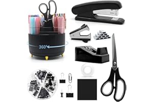 UPIHO Black Desk Accessories, Rotating Pen Holder Set,Black Office Supplies with Stapler and Tape Dispenser Set, Gifts for Office Clerks,Student