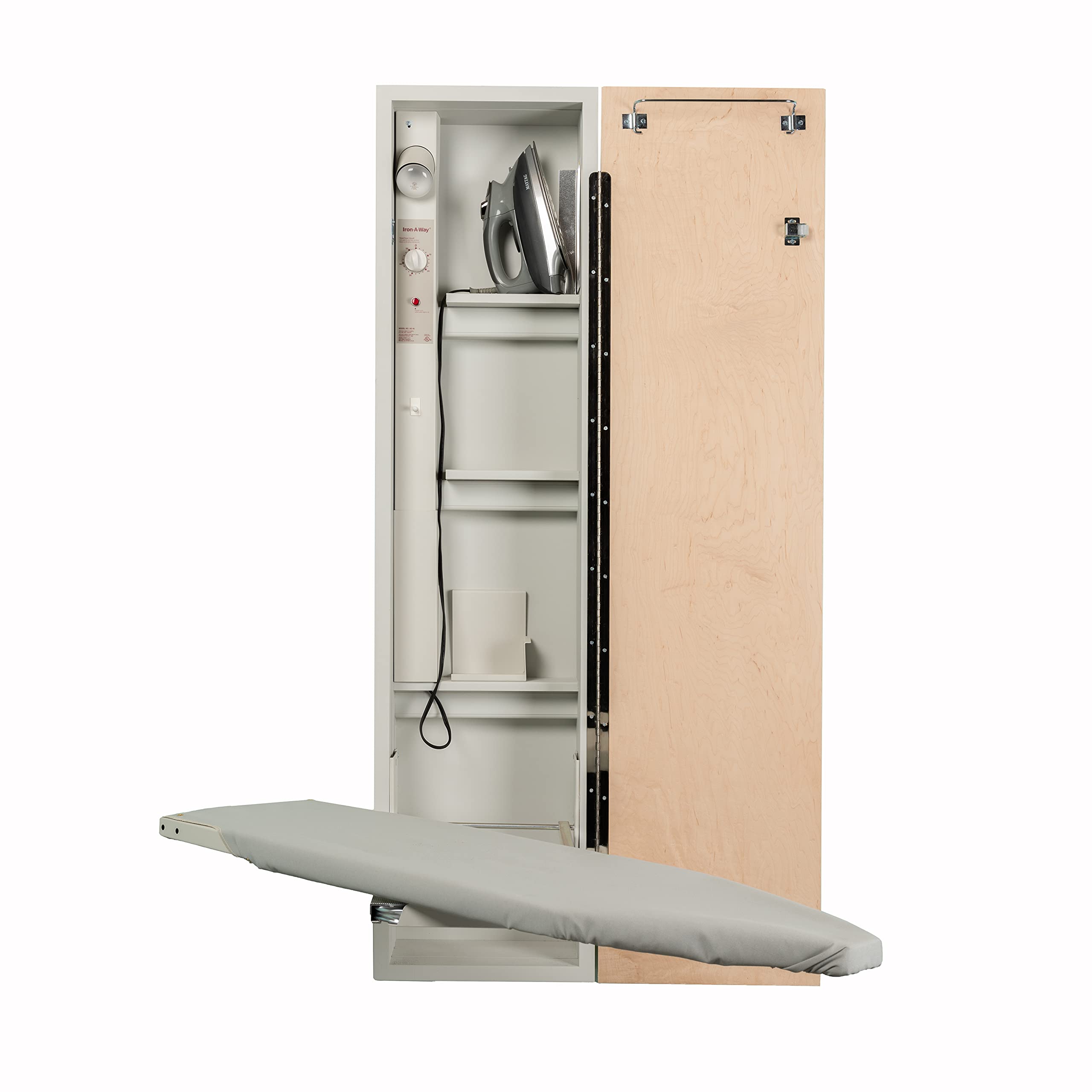 Iron-A-Way Built-In Ironing Center with 46 Inch Swiveling Ironing Board, Electrical System, Hot Iron Storage and Flat Maple Veneer Door-AE46WDU