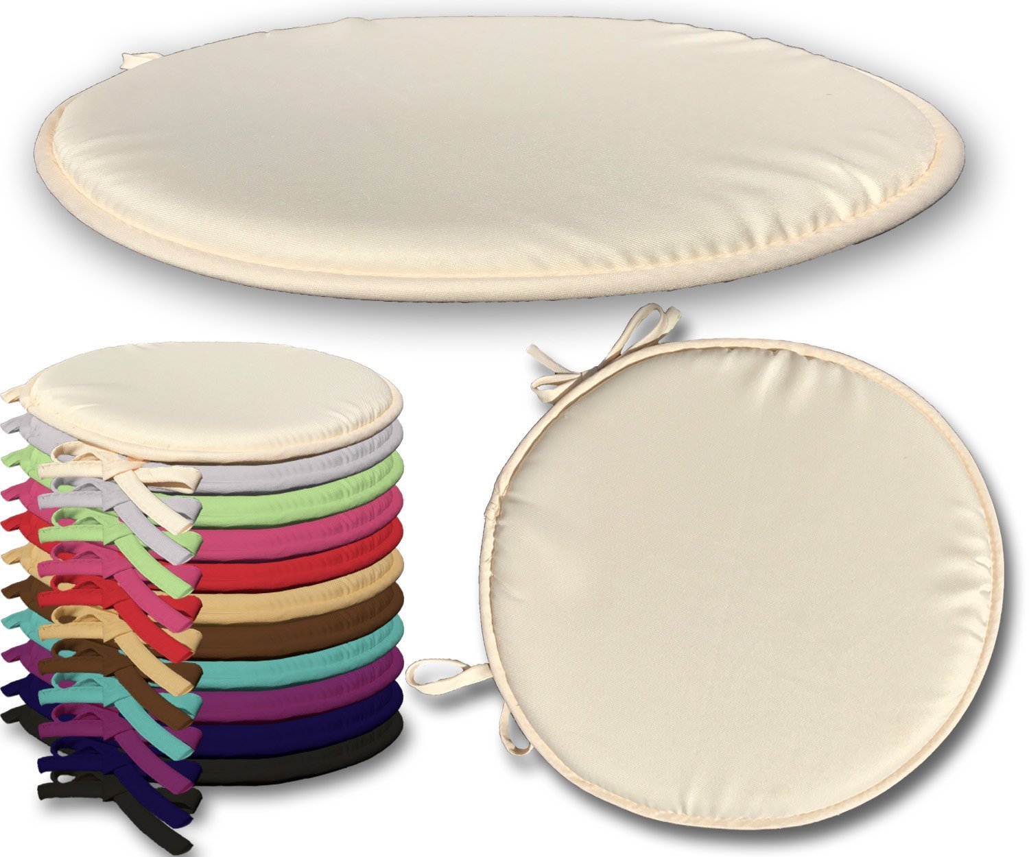 Set of 4 Round Seat Pad Cushions with Ties Chair, Cream By Egypto
