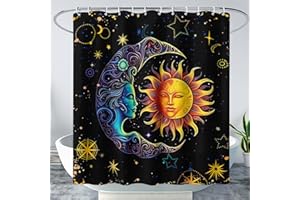 AILONEN Sun and Moon Shower Curtain,Space Galaxy Boho Exotic Sun and Moon Bath Curtain,Celestial Starry Moon Smiles Decoration Waterproof 48" W x 72" H Curtain for Boys Girls,with 12 Plastic Hooks