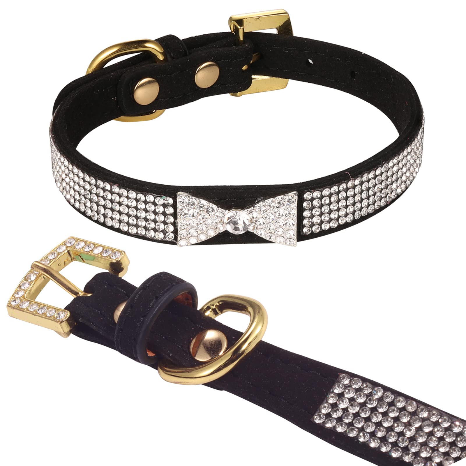 LOVPE Cat Collar,Dog Collar Diamond Crystal Bow-Knot Tie Collar,Golden Rhinestone Buckle and Comfortable Velvet Leather with 5 Rows Bling Rhinestone Collar for Small Dogs Medium Cat (S, Black)