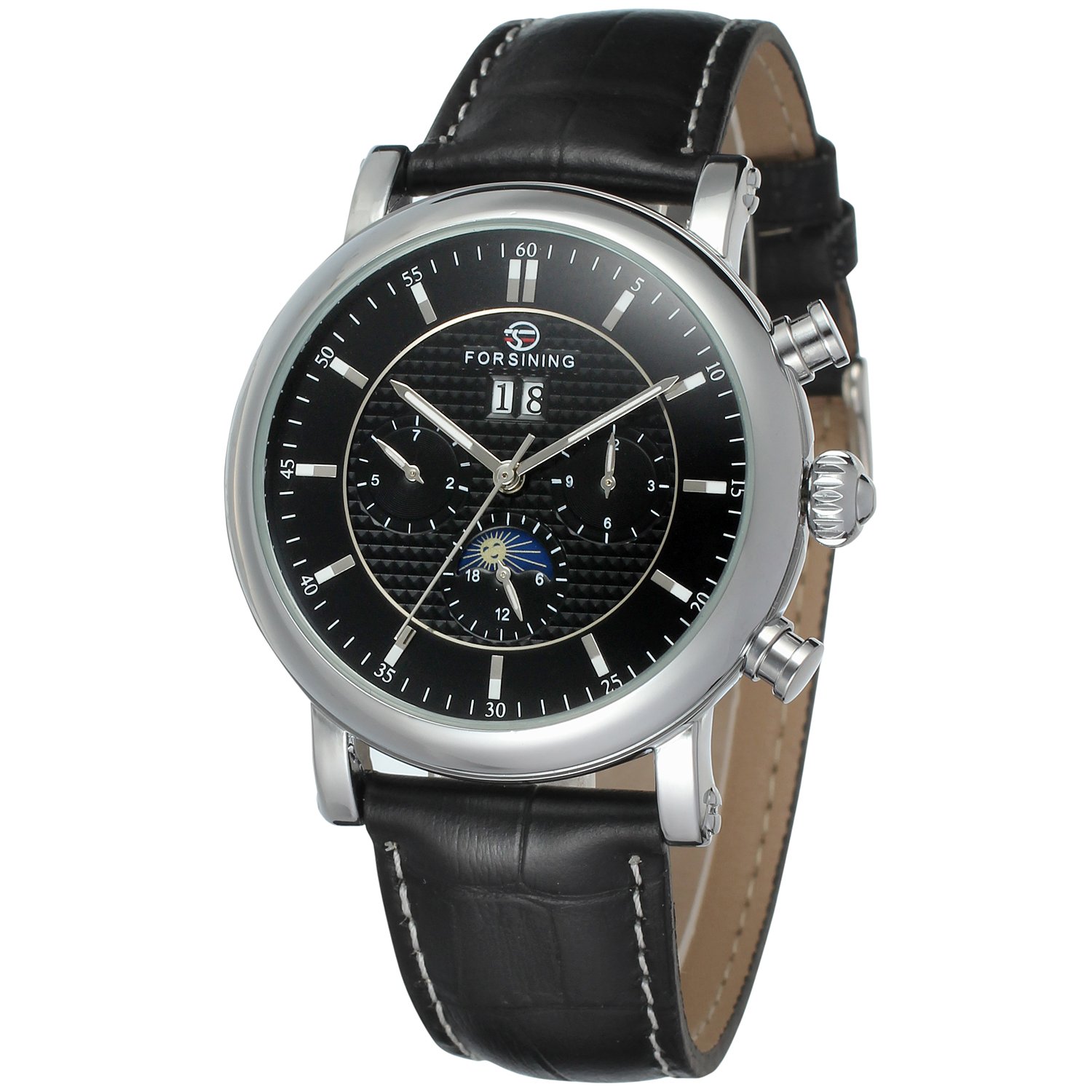 Forsining Men's Business Automatic Calendar Moon Phase Dail Brand Leather Strap Wrist Watch FSG553M3S2