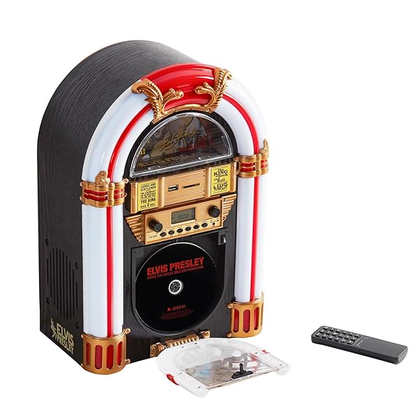 ARKROCKET ATHENA MINI JUKEBOX/TABLETOP CD PLAYER/BLUETOOTH SPEAKER/RADIO/USB AND SD CARD PLAYER WITH RETRO LED LIGHTING SYSTEM (BLACK GOLDEN)