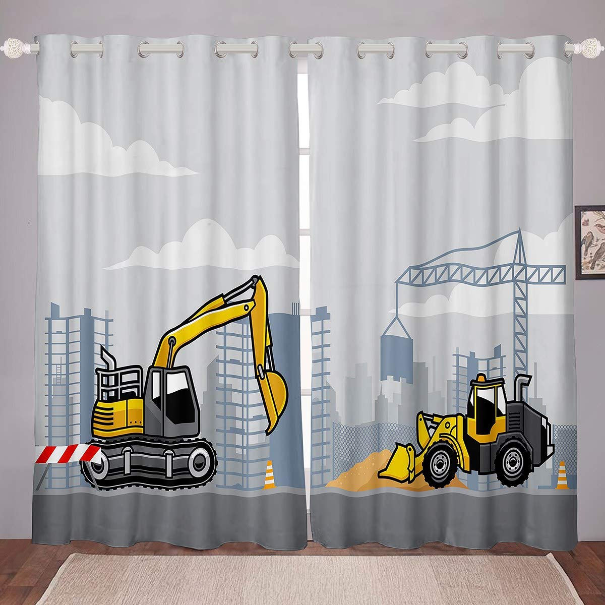 Kids Construction Curtains Child Boys Girls Cartoon Excavator Bulldozer Curtain Construction Vehicle Window Curtains for Bedroom Luxury Drapes 2 Panel Set W46*L54