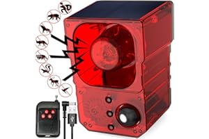 SENKEFEI SS Solar Outdoor Motion Sensor Alarm - Noise maker129dB Alarm, Recording, Siren, Dog Bark & Gunshot. with Remote, Wide-Angle Sensing. Fit Indoor/Outdoor. Detects Motion, Deters Intruders.