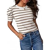 Dokotoo Women's Short Puff Sleeve Knit Tops 2026 Trendy Crewneck Striped T Shirts Casual Summer Blouses