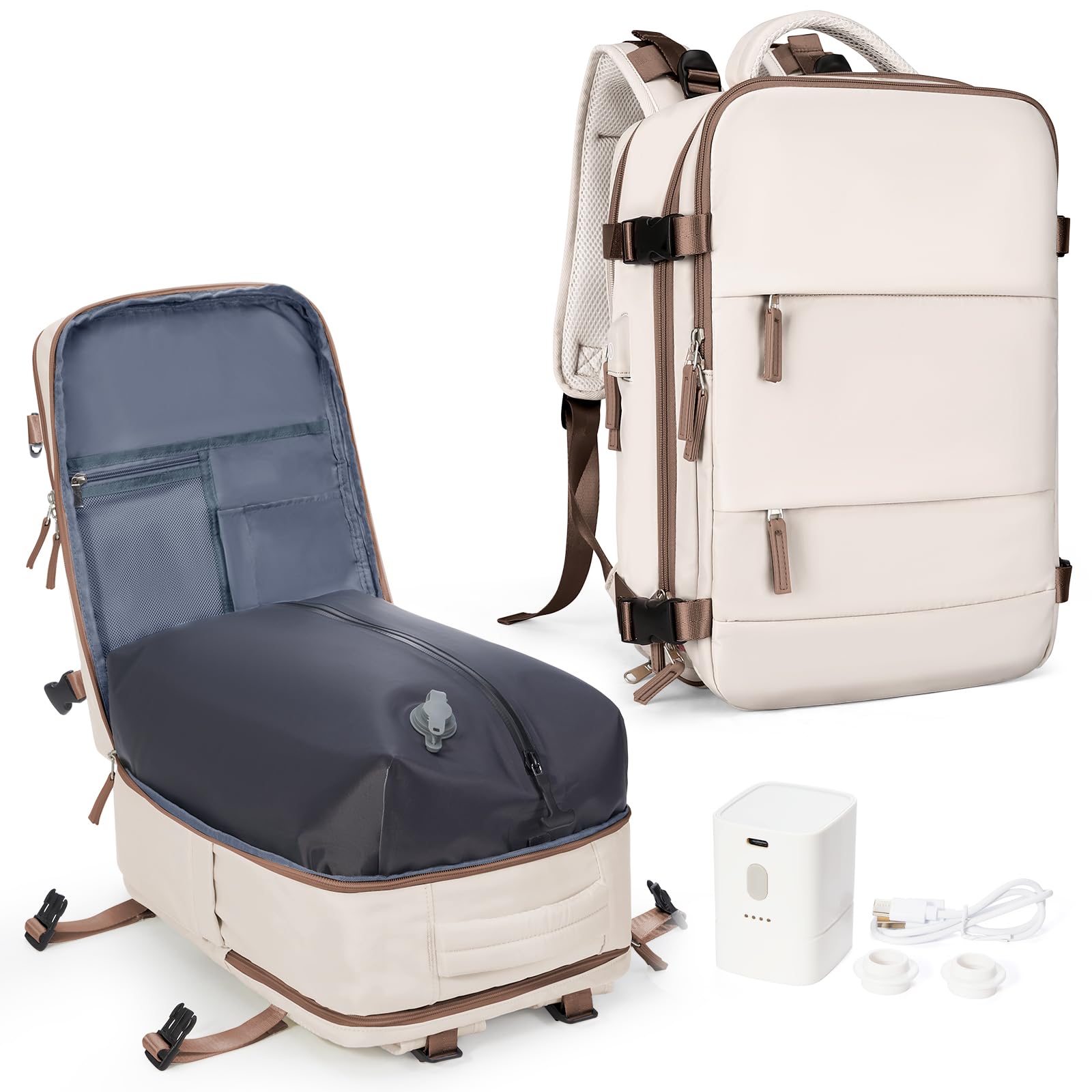 coowoz Vacuum Backpack Travel with Pump,Travel Backpack with Vacuum System For Women Men,Carry On Backpack,Hiking Backpack Waterproof Outdoor Sports Rucksack Daypack,30L(Vacuum pump) Beige Brown Image