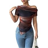 RoseSeek Women's Off The Shoulder Tie Dye Ombre Mesh T Shirt Short Sleeve Asymmetrical Ruched Crop Tops