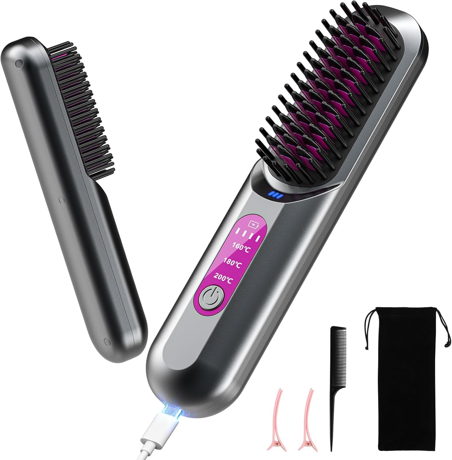 Cordless Negative Ion Hair Straightener Brush, 5000mAh Portable Heated Straightening Brush for Travel, Mini Rechargeable Hot Comb Hair Straightener for Women, Heated Beard Brush for Men, Grey