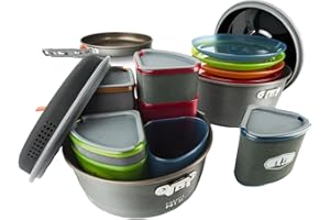 GSI Outdoors Pinnacle Ceramic Camper Cookset and Tableware for 4 People – Non-Stick Camping Cookware Set with 2 Pots (2L and 
