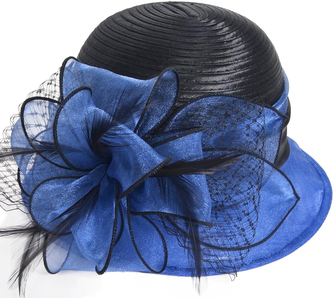 VECRY Lady Derby Dress Church Cloche Hat Bow Bucket Wedding Bowler Hats (Two-Tone-Blue) at  Women’s Clothing store