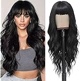 VOZIFAXIU Black Wig with Bangs for Women 26 Inch Long Wavy Black Wigs Synthetic Heat Resistant Wig for Daily Party Use