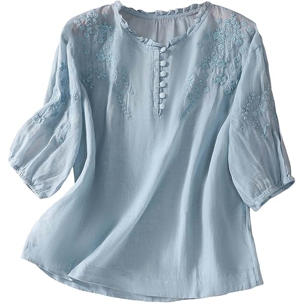 Amazon.com: Women's 3/4 Sleeve Shirts Cotton Linen Jacquard