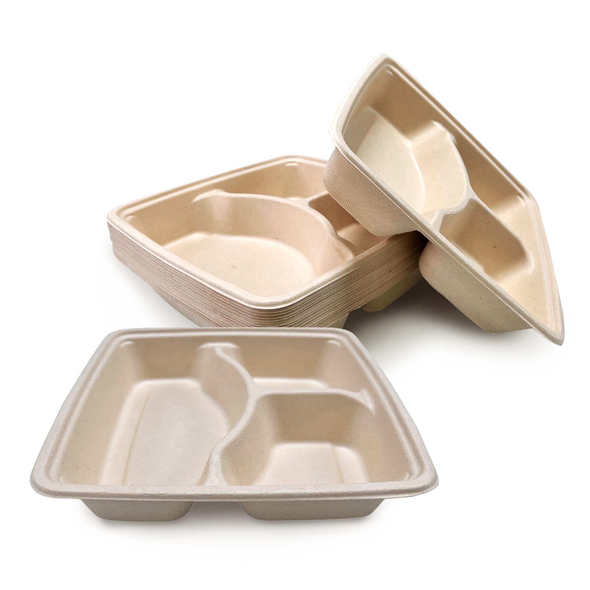 DISPOSABLE GREEN – Square Bagasse Compartment Plates, 3-Compartment Divided Plates for Hot, Cold, Wet & Oily Food, Portion Control, 23cm x 5cm, 25-Pcs