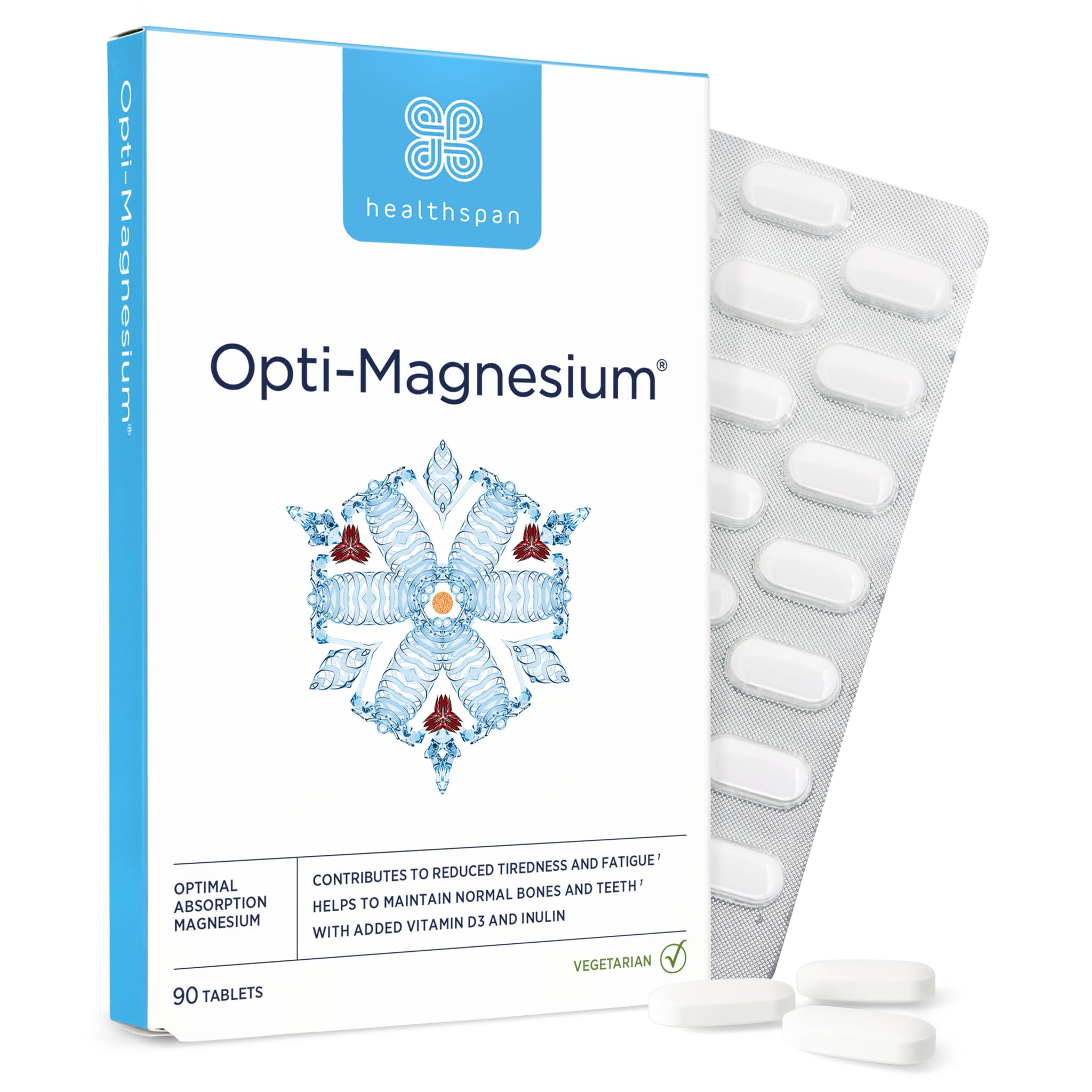 Healthspan Opti-Magnesium | 90 Tablets | for Bone & Muscle Support | Maintains Psychological Function and Nervous System | Easily Absorbed | Added Vitamin D3 | Inulin | Vegetarian