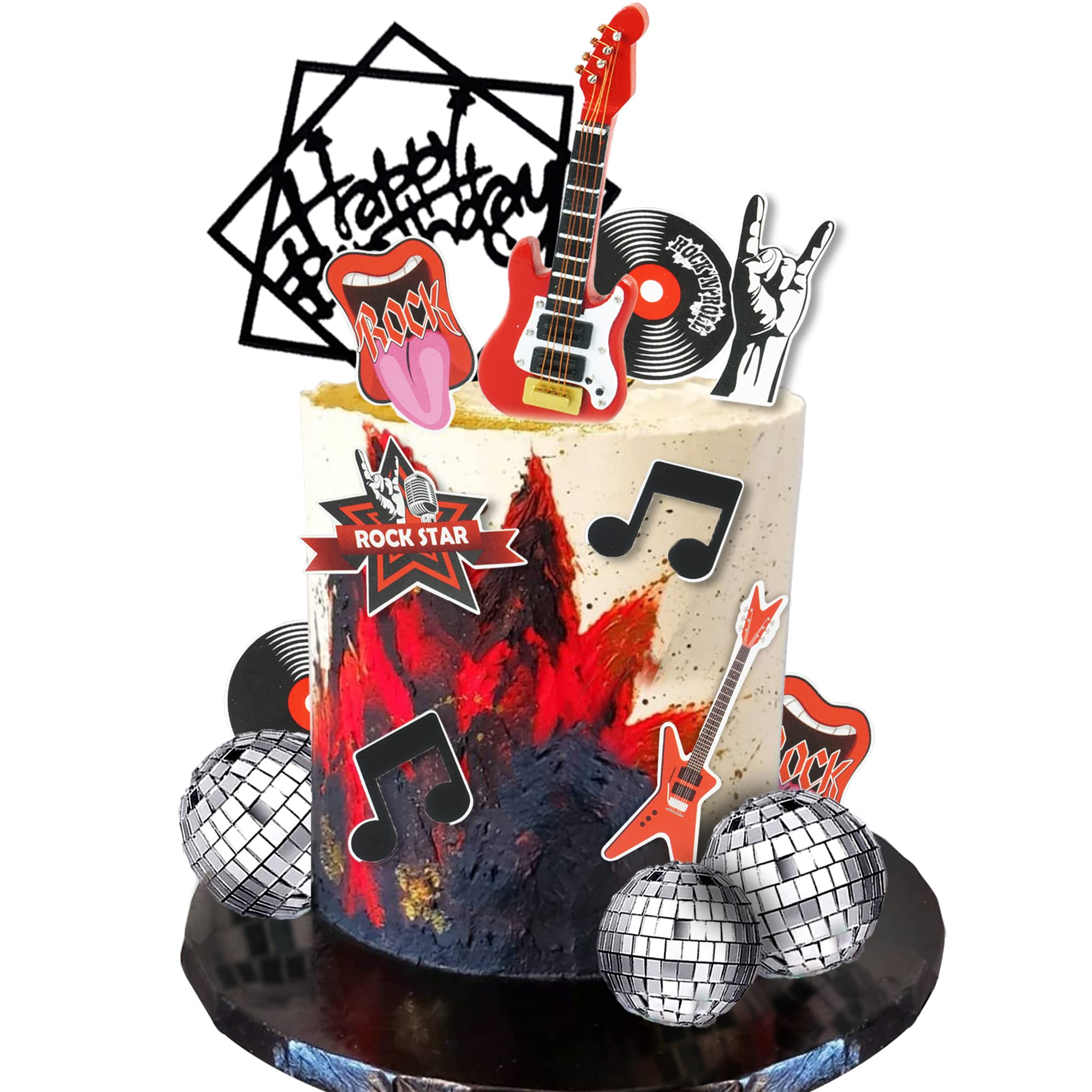 Photo 1 of Guitar Cake Toppers Music Theme Birthday Cake Toppers Electric Guitar Model Rock And RollCake Decorations For Rockstar Theme Party Guitar Party Bass Party Supplies (Red)