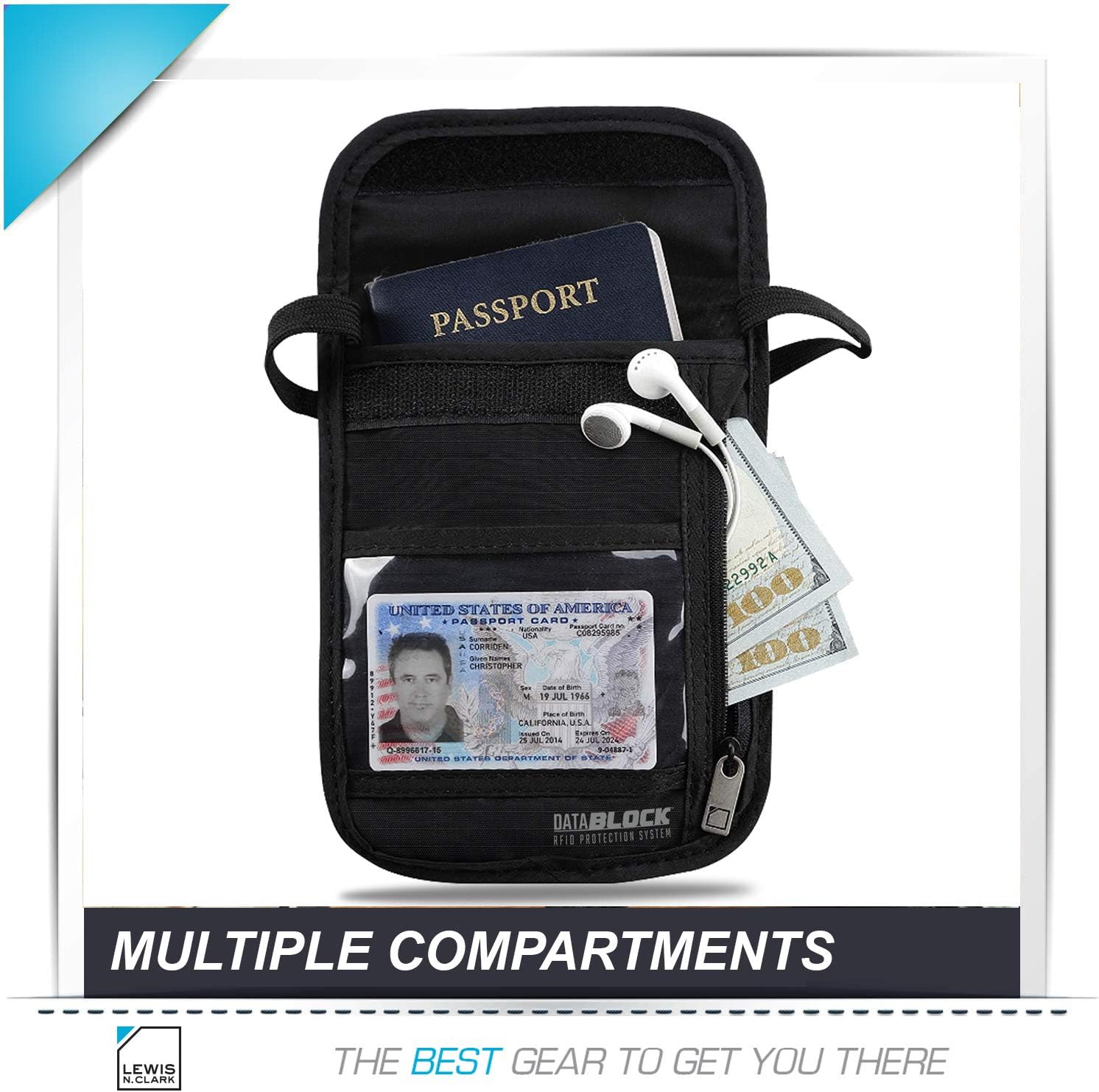  | Lewis N. Clark Rfid Blocking Stash Neck Wallet, Travel Neck Pouch + Passport Holder for Women & Men - Black | Travel Wallets