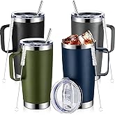 Lallisa 4 Pcs 20 oz Stainless Steel Coffee Mug with Handle Insulated Tumbler with Lid and Straw Brush Double Wall Vacuum Thermal Cup Reusable Portable Coffee Tumbler for Hot Cold Drinks (Mixed Colors)