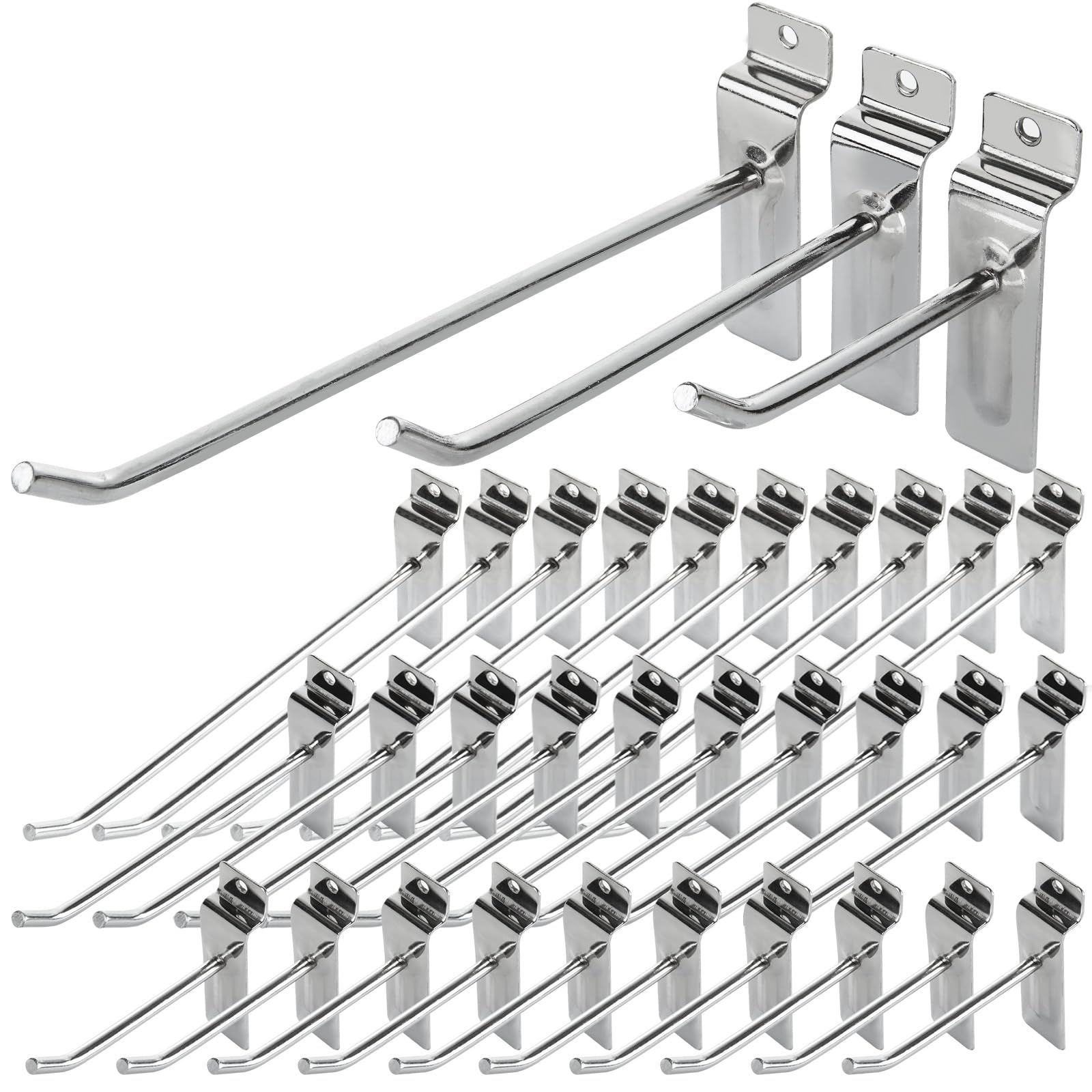 48Pcs Slatwall Metal Display Hooks (16 Each - 4", 6", 8"), Heavy Duty Panel Hooks for Garage Shop Retail Display, Commercial Grade Silver