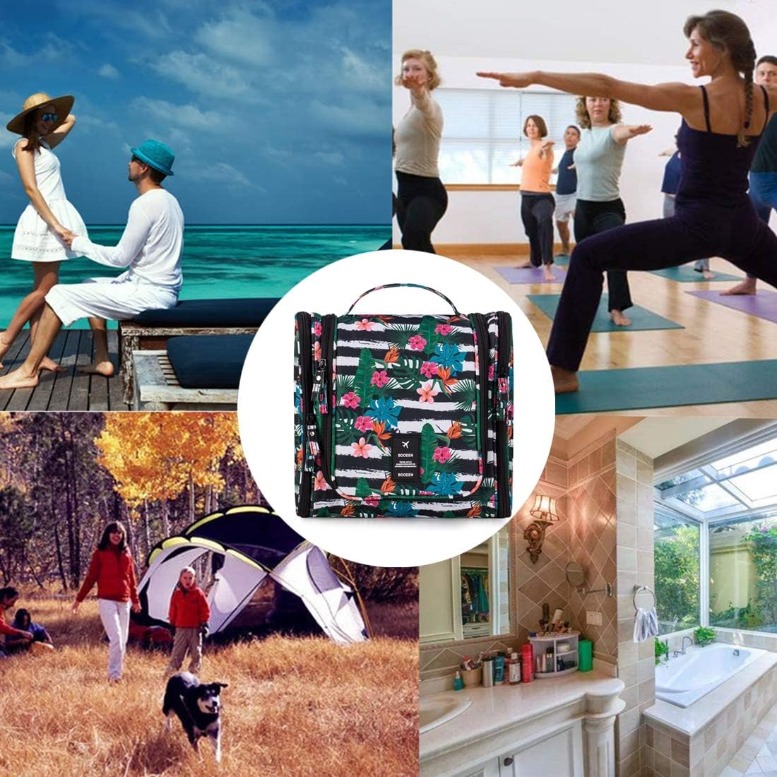 BOOEEN Hanging Travel Toiletry Bag for Women and Girls, Portable Waterproof Cosmetic Travel Bag, 17 Compartments Non-slip zipper, Sturdy Hook, Perfect for Daily use and Travel