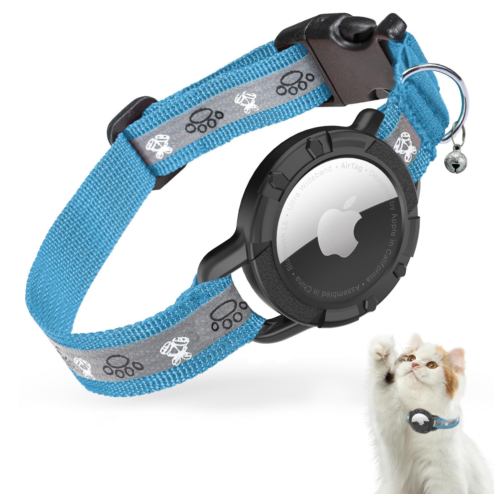 Reflective Airtag Cat Collar, JIARUI Integrated Apple Airtag Cat Collar, GPS Cat Tracker Collar with Airtag Holder and Bell, Lightweight Cat Tracker Collar for Kittens and Puppies (Blue, XS(7"-9"))