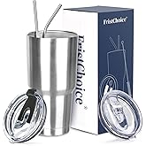 FristChoice 30 oz Tumbler with Lids and Straws Double Wall Insulated Tumbler Cup,Stainless Steel Leak-proof Thermal Coffee Tumbler Powder Coated Travel Mug for Cold and Hot Beverages,Silver