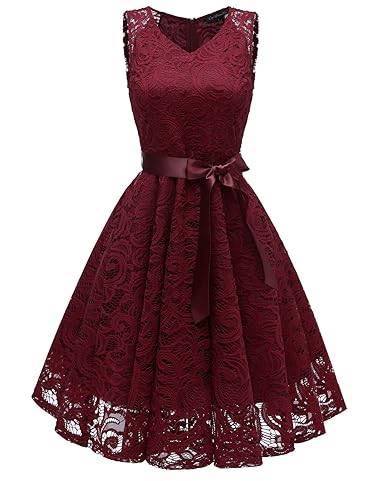 Misshow Spitzenkleid Damen Knielang Ärmellos Sommerkleid Partykleid Abschlussball Kleider
