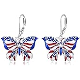 American Flag Star Earrings Sterling Silver 4th of July Earrings Cubic Zirconia Butterfly Dangle Jewelry Birthday Gifts for Women
