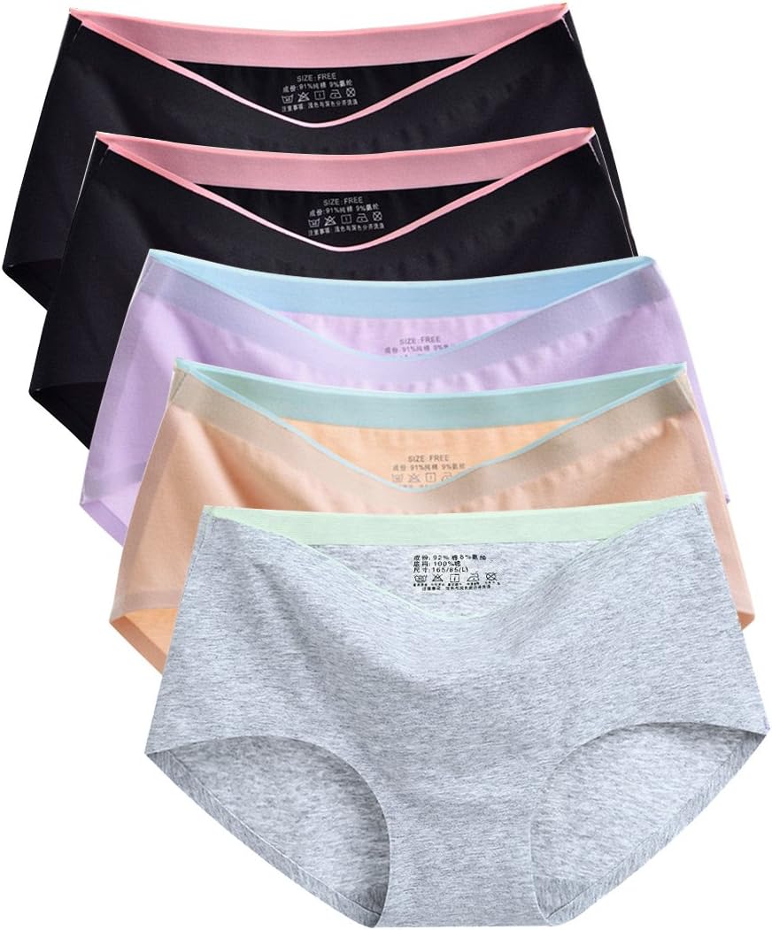 OUENZ Cotton Underwear Women, 5 Pack Seamless Soft Comfortable Breathable Mid Waist Briefs Panties for Women