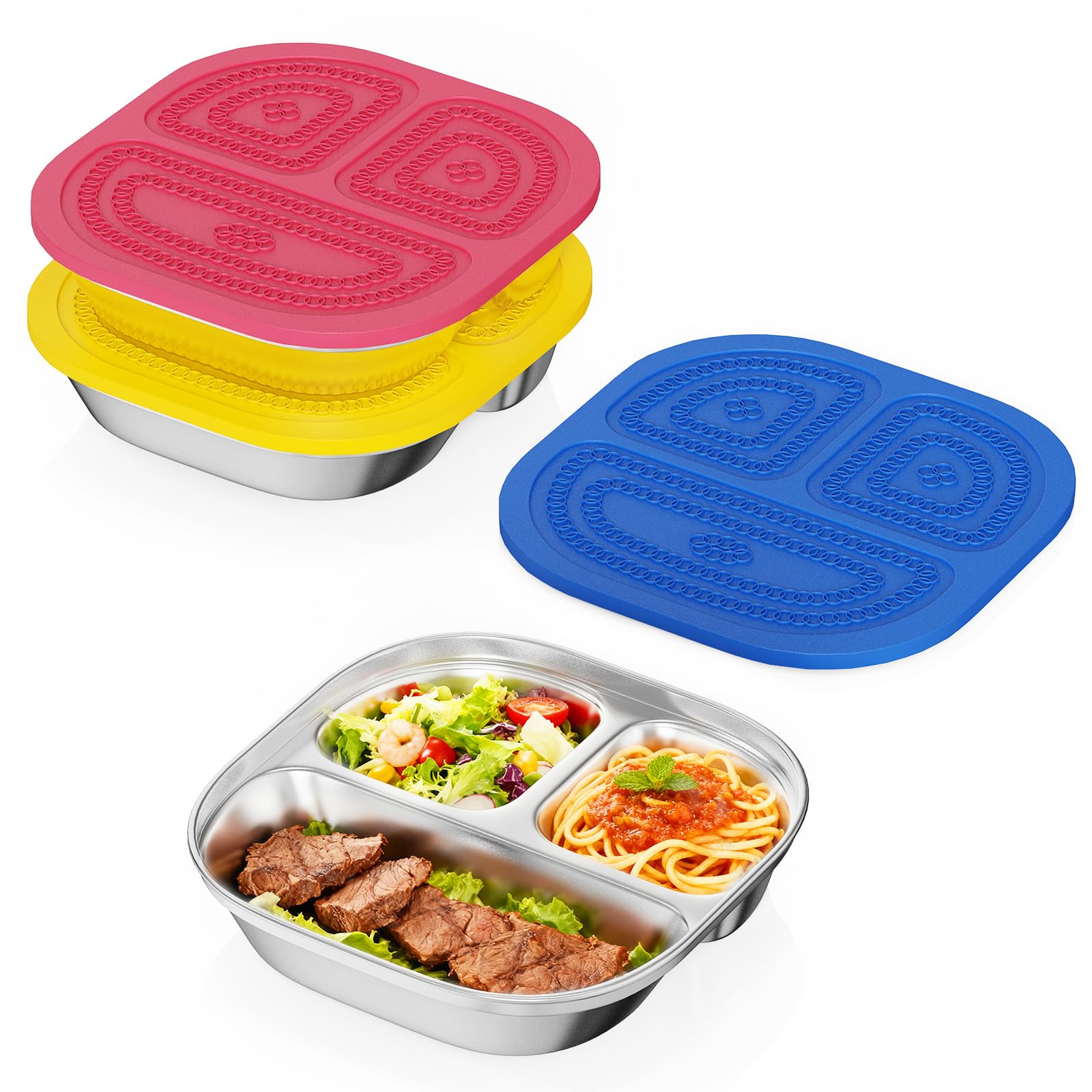 Photo 1 of 3 Pack Snack Containers,Lunch Box Containers,Food Grade Metal Base with a BPA Free Leakproof & Airtight Silicone Lid,Reusable Airtight Bento lunch Boxes, Kitchen Storage, Freezer (3 color) (3COLOR)