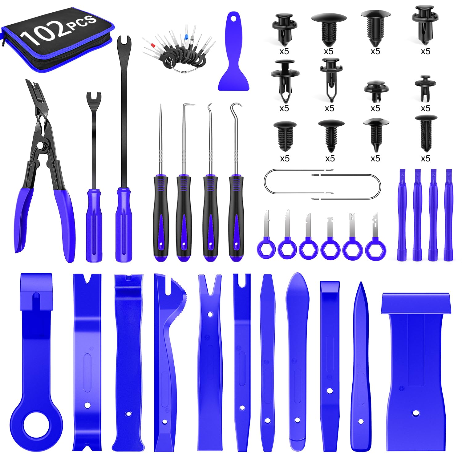 GOOACC 102Pcs Trim Removal Tool, Auto Push Pin Bumper Retainer Clip Set Fastener Terminal Remover Tool Round Handle Crowbar Pry Kit Car Panel Radio Removal Auto Clip Pliers